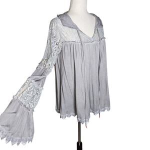 Pol Grey Whimseygoth Lace Boho Statement Sleeve Feminine Bell Sleeve Tunic top M